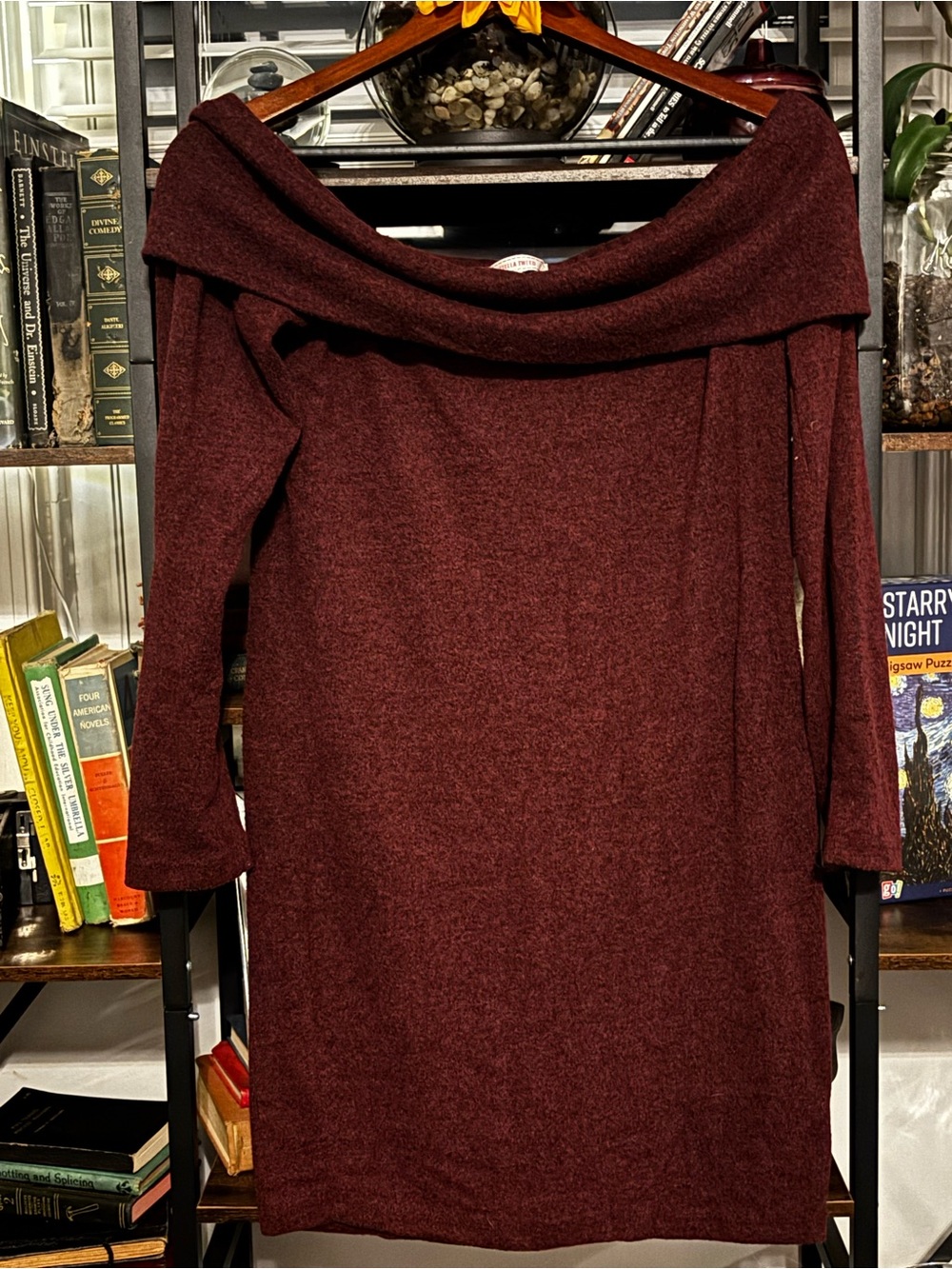 Stella Tweed Off Shoulder Knit Dress in Burgundy